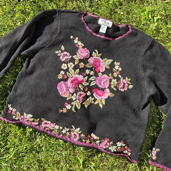 Vtg All Points by Reference Point Knit Sweater Size XL Black Floral Embroidered - Picture 5 of 10